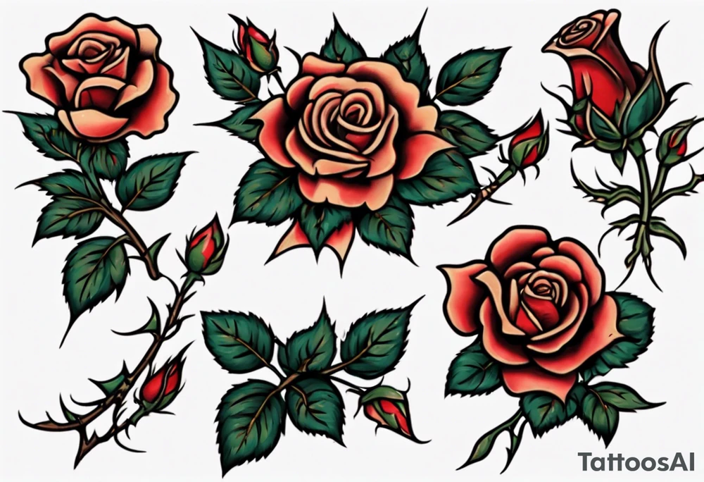 American Traditional rose with three american traditional flowers around it tattoo idea