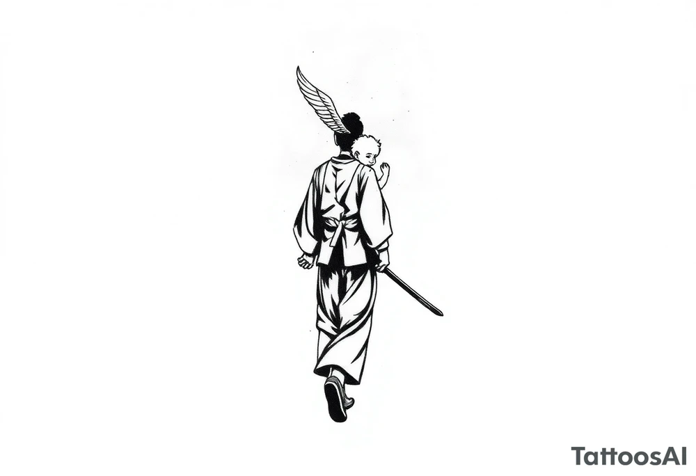 "Blackwork tattoo sketch of a lone samurai walking forward, shown in dramatic silhouette style. The samurai wears traditional kimono and hakama, holding a katana in one hand with the blade pointing downward. Behind him floats a small child angel with detailed feathered wings, gently touching the samurai’s back with one hand, as if stopping or guiding him. Strong contrast, dynamic ink splatter, rough brush strokes, Japanese sumi-e vibe, emotional and symbolic composition, high detail linework, no background." tattoo idea