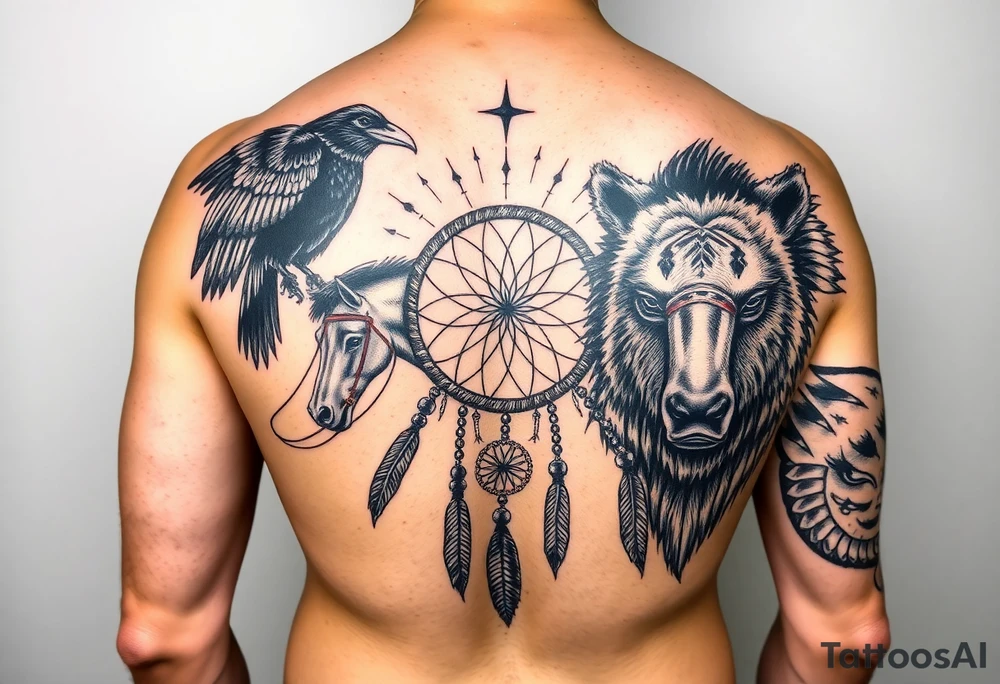 Native American 3/4 arm sleeve with black and grey realism featuring a raven, wild horses, a grizzly with scars over his eyes, and a dream catcher tattoo idea
