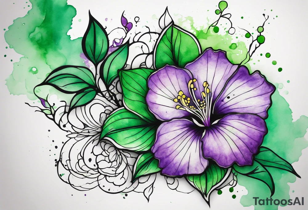 A mystical outline of a green with a bit of purple rio dipladenia flower and a green and purple watercolor splash in the background tattoo idea