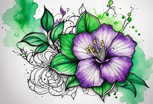 A mystical outline of a green with a bit of purple rio dipladenia flower and a green and purple watercolor splash in the background tattoo idea