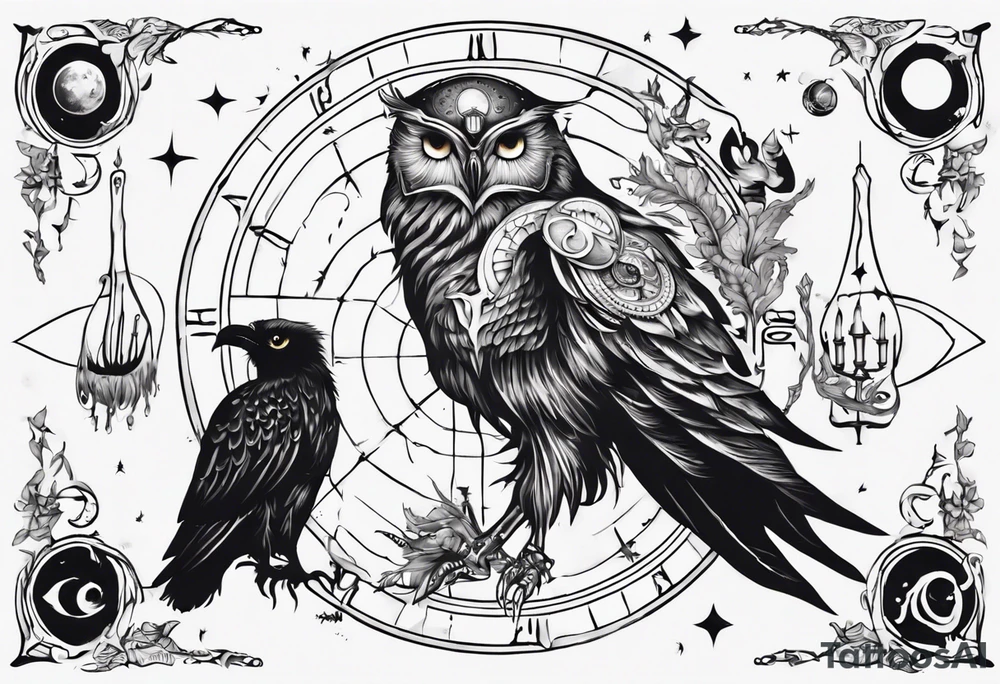 The Zodiac sign Aquarius as a Human accompanied by an owl and raven. tattoo idea