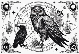 The Zodiac sign Aquarius as a Human accompanied by an owl and raven. tattoo idea