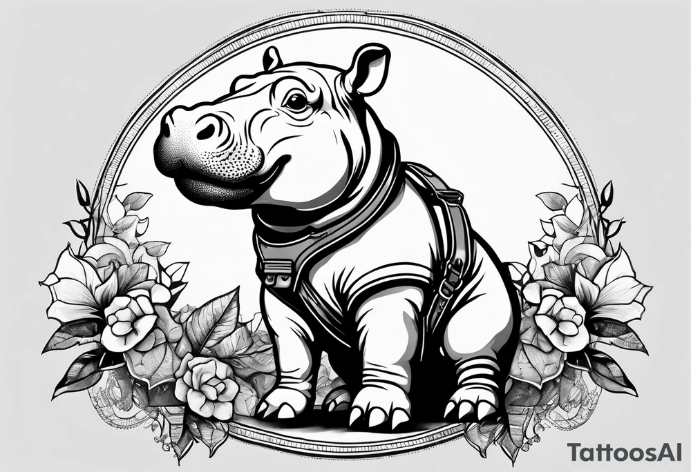 Baby hippo wearing overalls and holding a gun tattoo idea