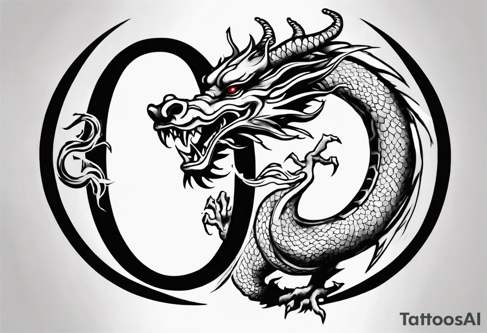 Chinese dragon in a circular shape with "02.03" written on its skin tattoo idea
