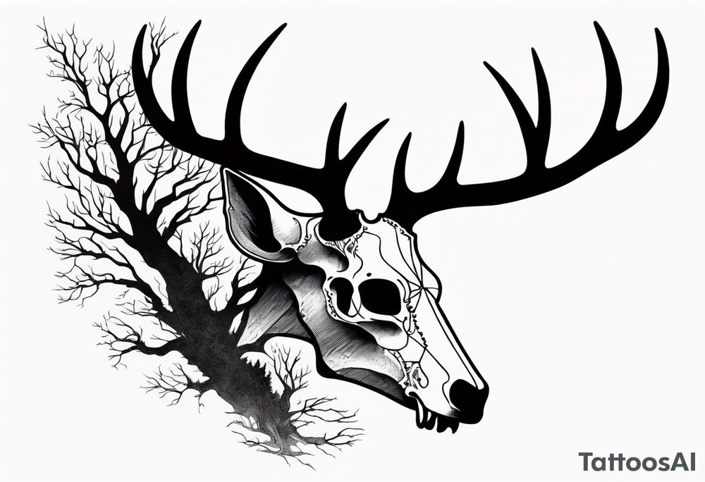 A side view of decayed deer skull surrounded by trees and fire tattoo idea