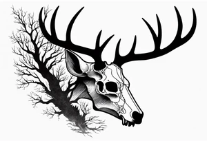 A side view of decayed deer skull surrounded by trees and fire tattoo idea