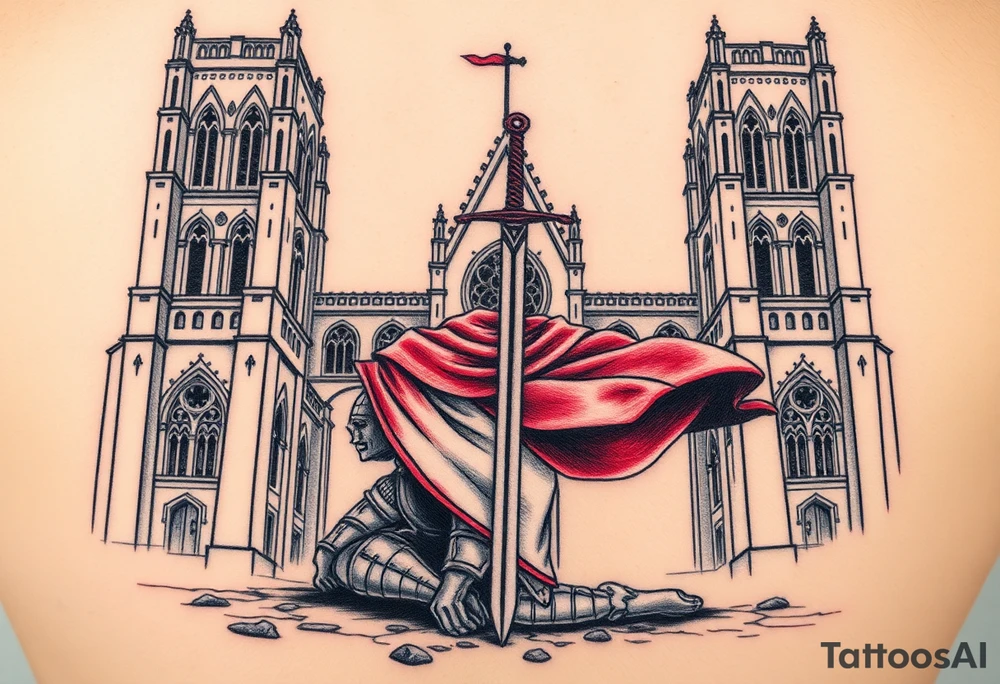 A knight kneeling before a grand Gothic cathedral, his sword planted into the ground, his white and red surcoat flowing in the wind tattoo idea