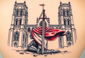 A knight kneeling before a grand Gothic cathedral, his sword planted into the ground, his white and red surcoat flowing in the wind tattoo idea