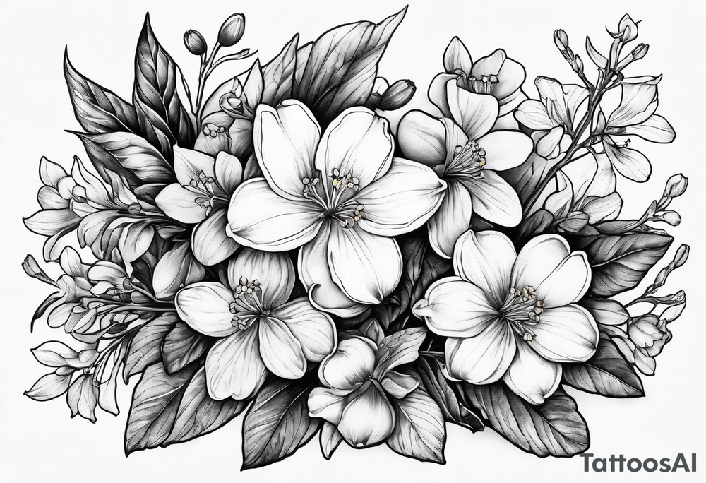 Winter sky, flowers, stars, violets, primroses, ash tree, daffodil, jonquil tattoo idea