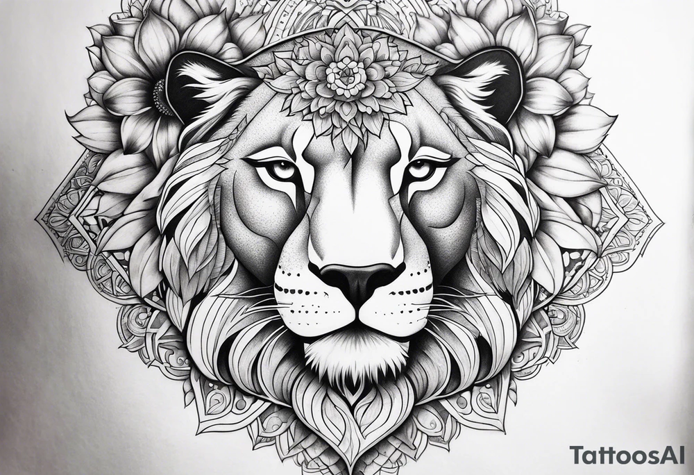 Full back piece mandala lioness flowers tattoo idea