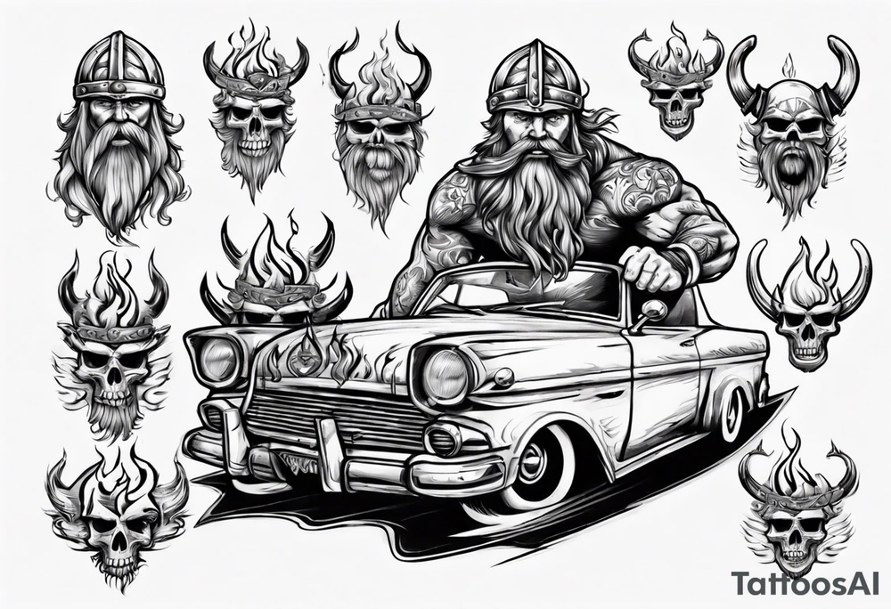 Viking riding an old vintage classic car with flames tattoo idea