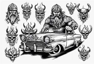 Viking riding an old vintage classic car with flames tattoo idea