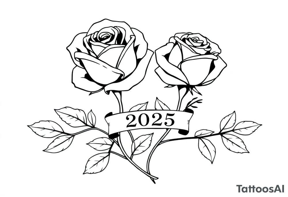 two beautiful large rose buds, one larger than the other, with many leaves next to the rose buds, with one sitting higher than the other. Include a banner connecting the two roses with the year 2025 on it.   Use dark outlines with little shading. The two stems should be short, not long, and connect and join into one stem, whimsically curved or twisted - not straight down. tattoo idea