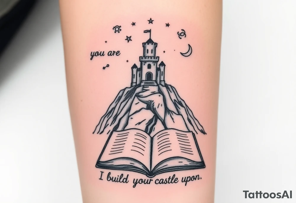 A small crumbling castle on a rocky mountain with an open book under the mountain. Above the castle are the 3 constellations aries, Libra and Sagittarius and a crescent moon. Underneath the open book are the words "you are the mountain I build my castle upon" tattoo idea