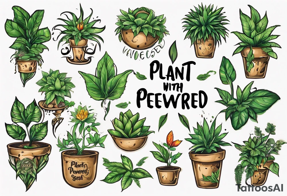 Words “Plant Powered” with plants tattoo idea