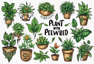 Words “Plant Powered” with plants tattoo idea