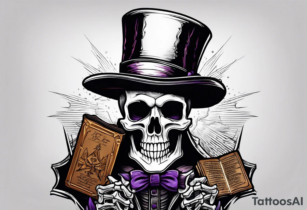 skeleton wearing a top hat holding a holy bible tattoo idea