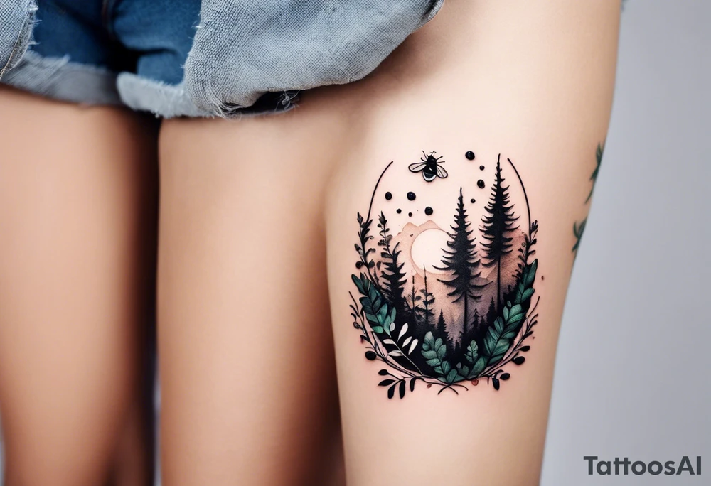 forest floor inspired minimalist tattoo, which includes grass, curly ferns, moss and dead leaves as the bulk of the tattoo. details to include: forest berries, a tiny bumblebee flying nearby, three small brown mushrooms
Generate a vertically long one tattoo idea