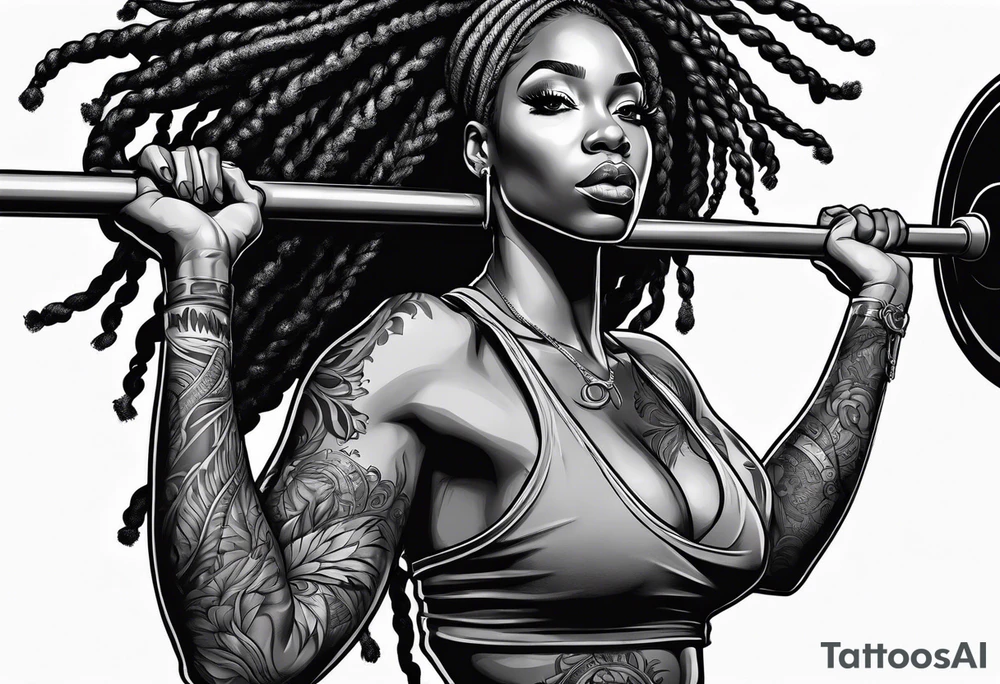 Black woman with locs full body holding barbell tattoo idea