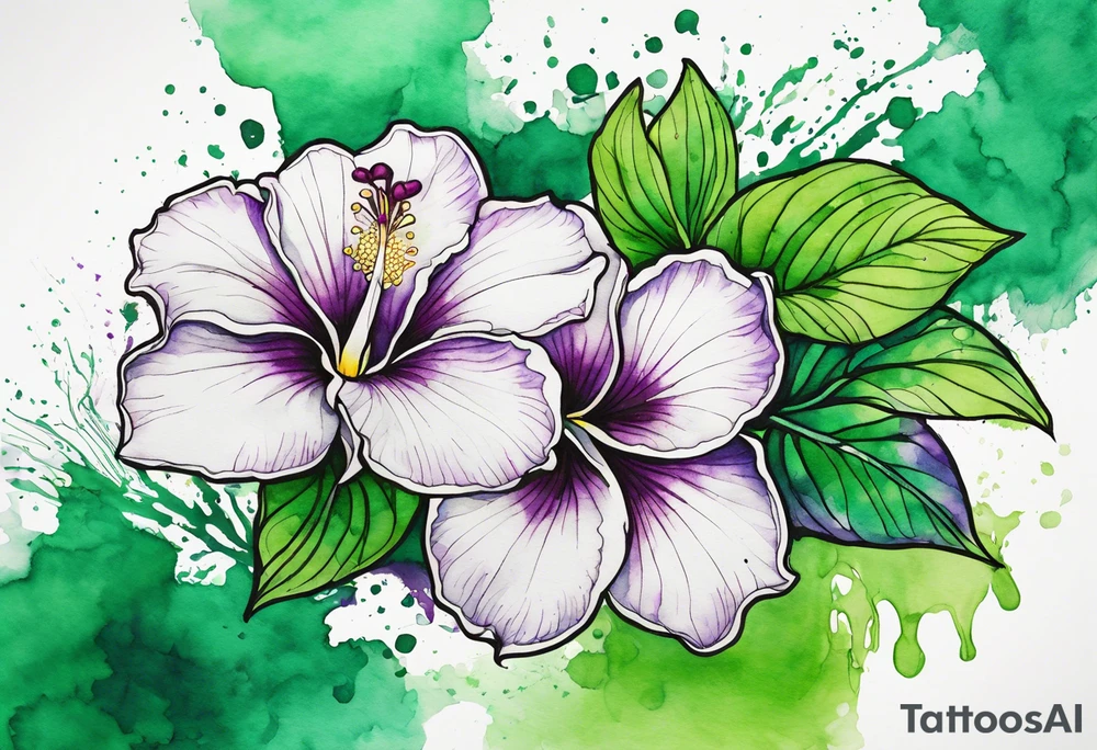 An outline of an only green rio dipladenia flower and a green and purple watercolor splash in the background tattoo idea
