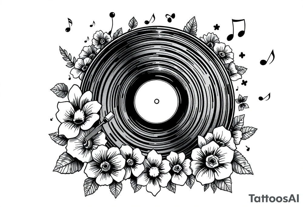 vinyl record player surrounded by flowers, mushrooms, and music notes tattoo idea