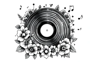 vinyl record player surrounded by flowers, mushrooms, and music notes tattoo idea