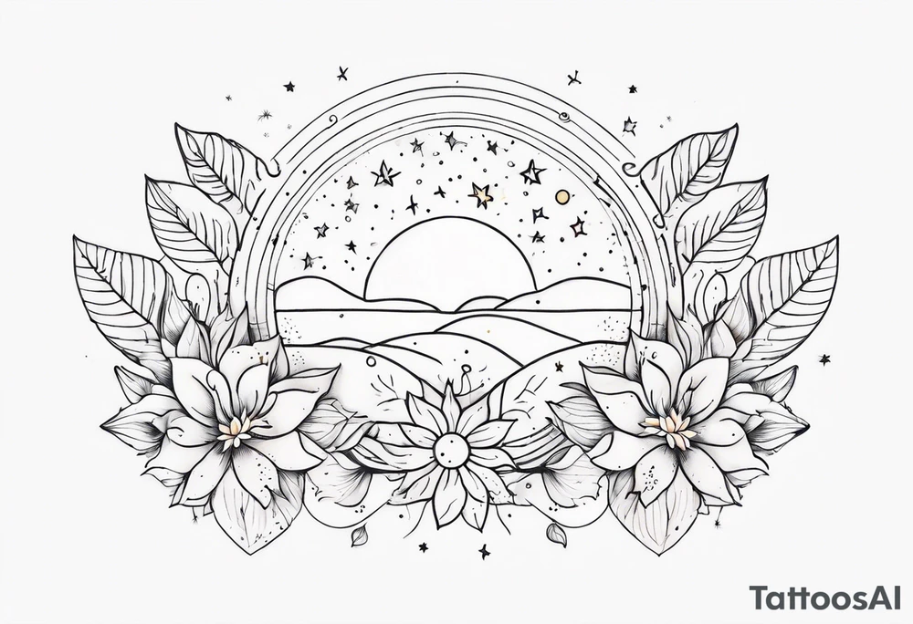 fine line with sun, stars, floral, dots. Sternum tattoo tattoo idea