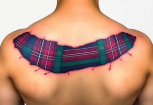 Dark Purple with green pink blue and white highlights tartan fabric on arm with skin ripping away at edges tattoo idea