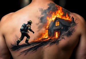 A firefighter running towards a burning building, with dramatic shading in deep oranges, blacks, and grays. tattoo idea