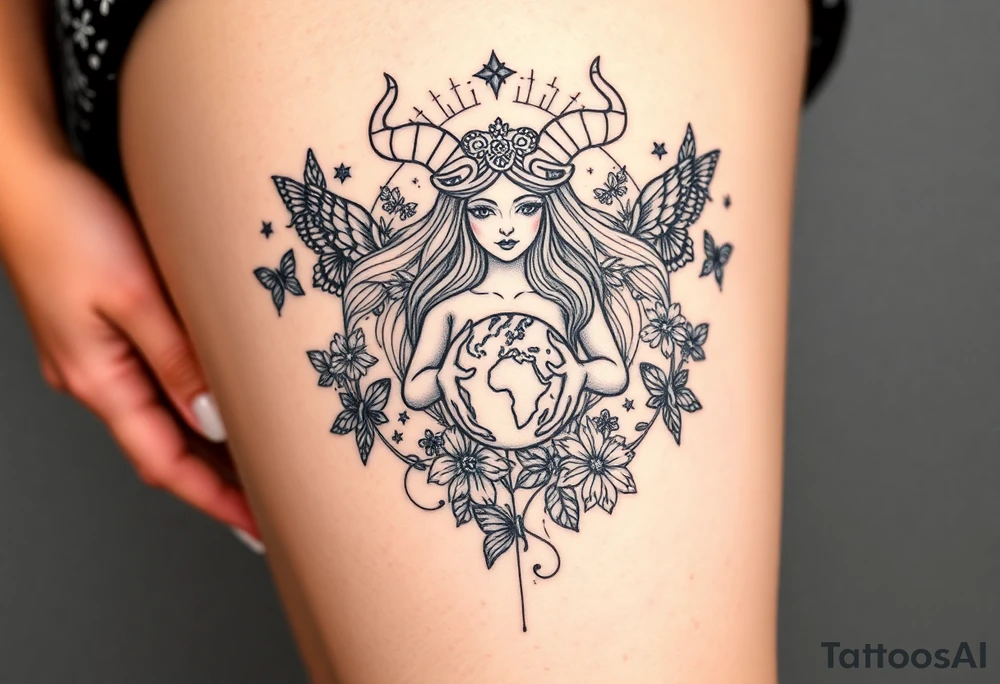 Taurus goddess with earth in her hands and butterflies and flowers all around her tattoo idea
