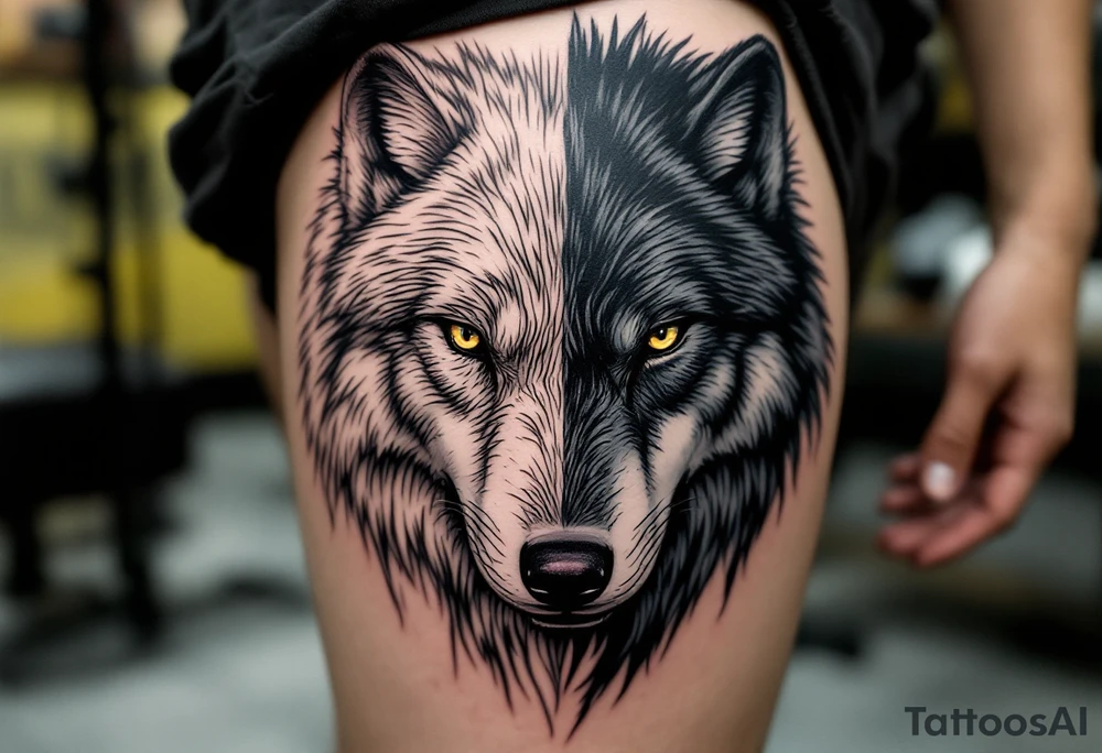 Black wolf and a white wolf side by side tattoo idea