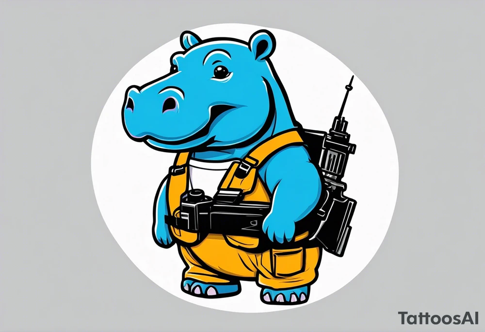 Baby hippo wearing overalls with bandolier over chest and holding a machine gun tattoo idea