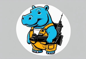 Baby hippo wearing overalls with bandolier over chest and holding a machine gun tattoo idea