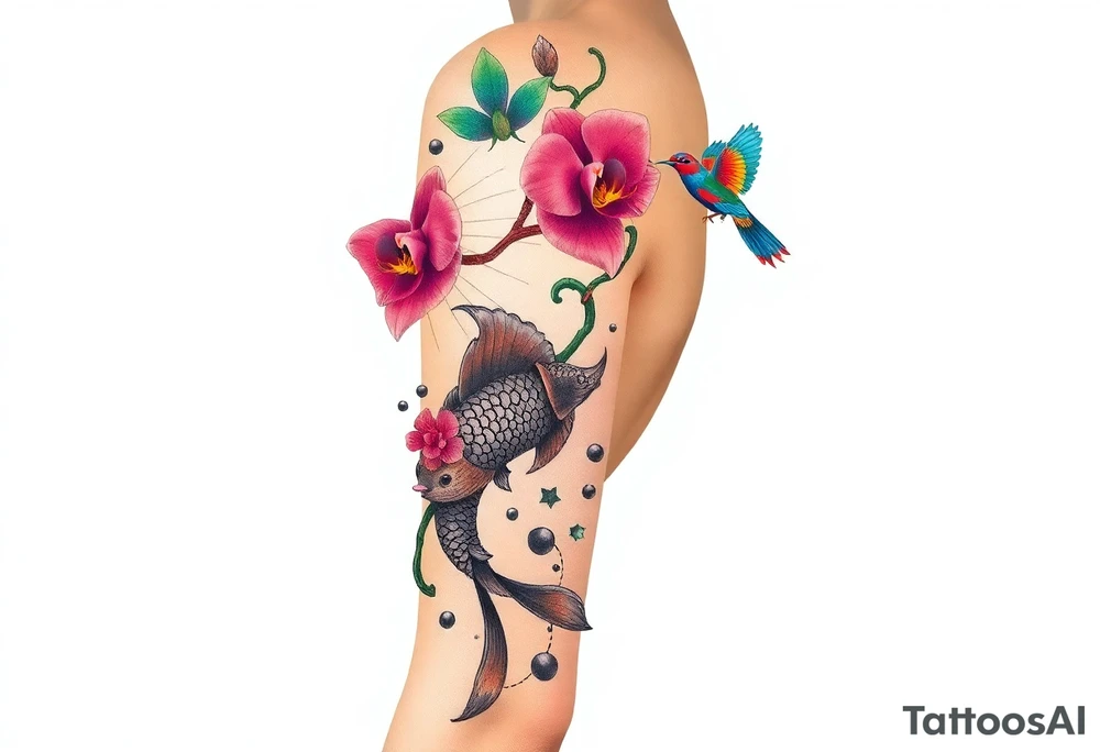 orchid flower ,  Coi fish and colorful birds tattoo idea