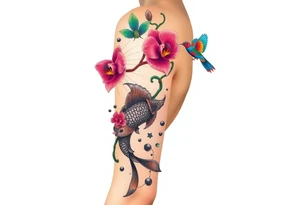 orchid flower ,  Coi fish and colorful birds tattoo idea