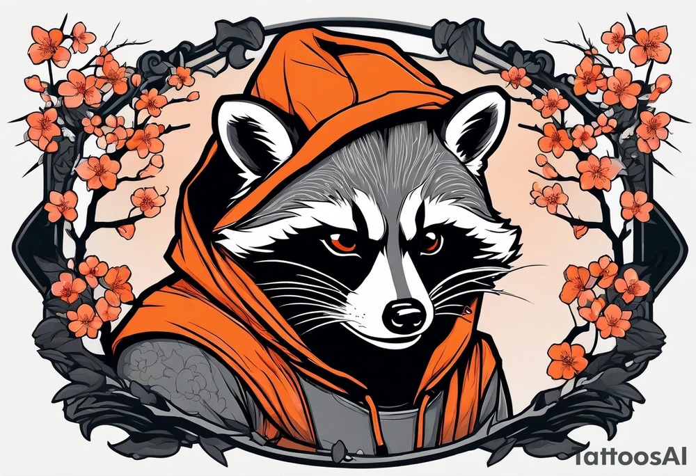 Raccoon wearing a white Superman logo on a black hoodie and orange Japanese cherry blossoms beside tattoo idea