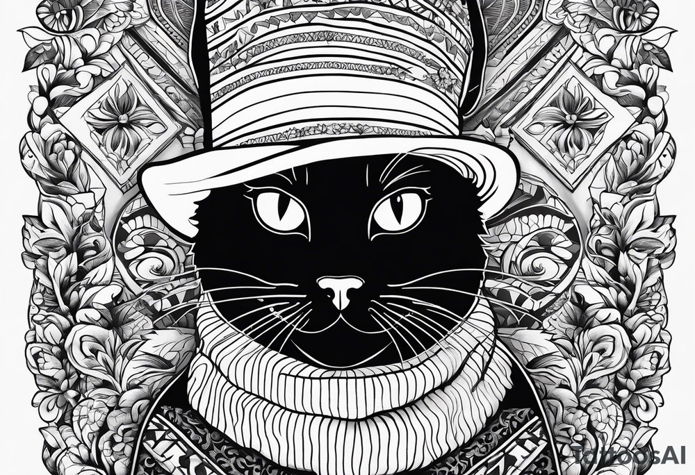 Black cat with a funny hat and a sweater tattoo idea Black cat with a funny hat and a sweater tattoo idea