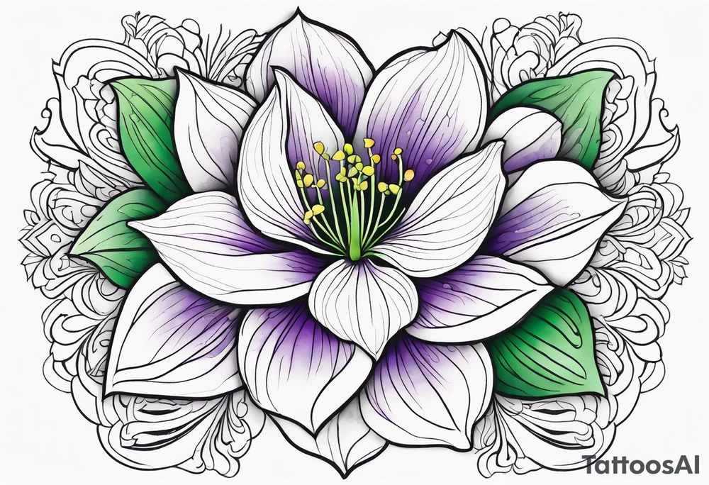 An outline of a rio dipladenia flower with a green and purple watercolor in the background tattoo idea