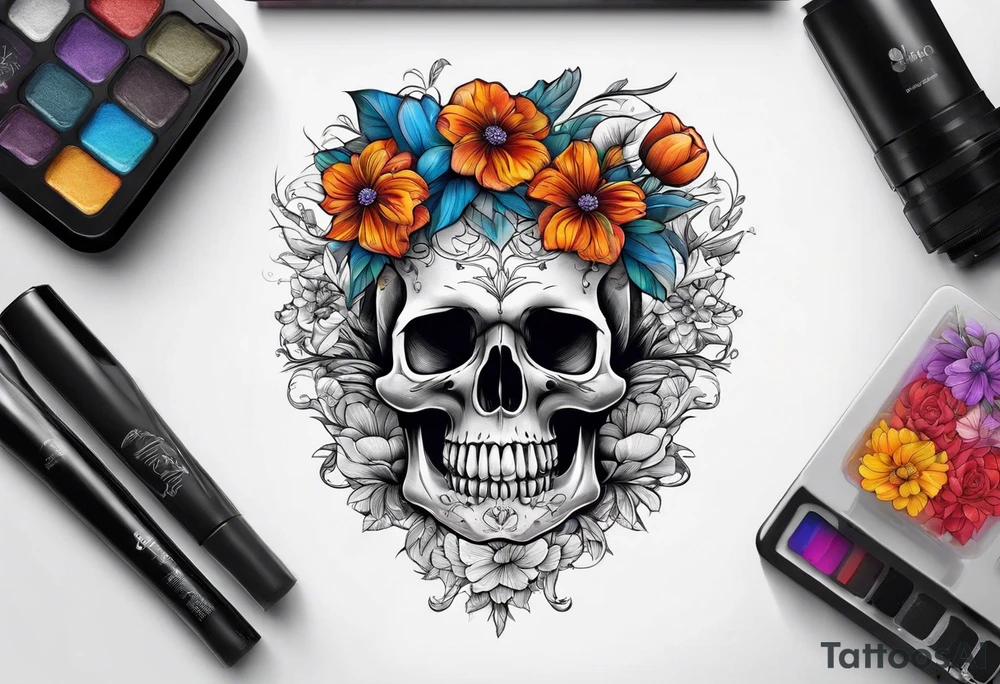 skull with flowers growing on top its head tattoo idea