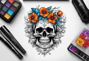 skull with flowers growing on top its head tattoo idea