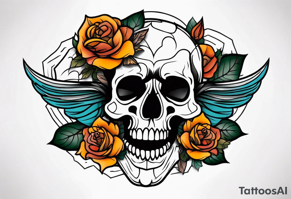 Masculine Old School Knee tattoo in fall colors showing a large skull with a rose tattoo idea