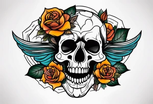 Masculine Old School Knee tattoo in fall colors showing a large skull with a rose tattoo idea