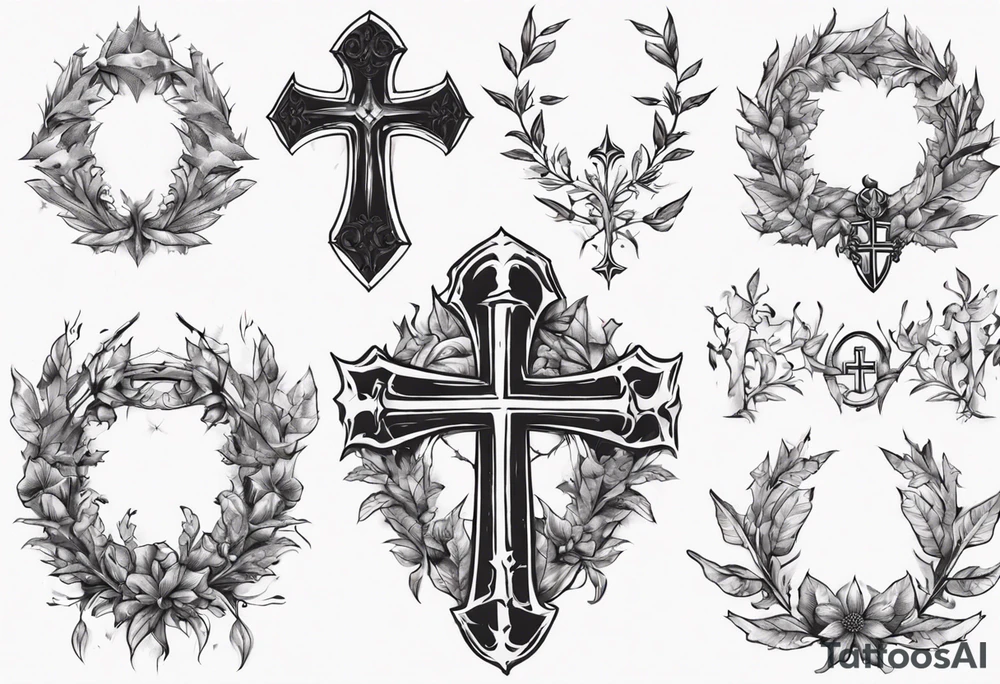 Knight wreath leaves cross tattoo idea