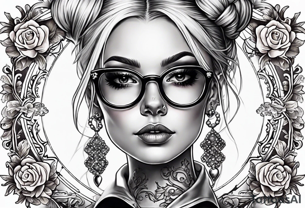 create a feminine skull with two blonde pigtails and crossbones under wearing glasses tattoo idea
