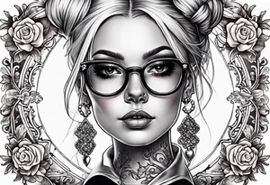 create a feminine skull with two blonde pigtails and crossbones under wearing glasses tattoo idea