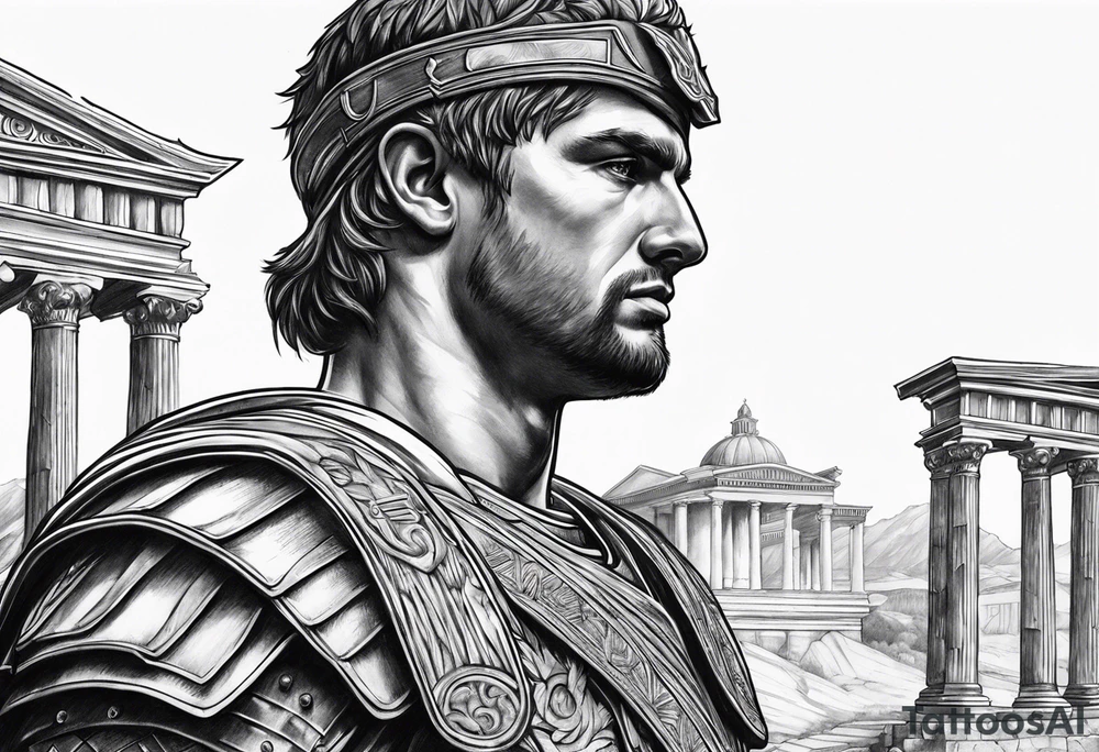 Roman solider looknig at pillars in the distance tattoo idea
