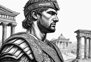 Roman solider looknig at pillars in the distance tattoo idea