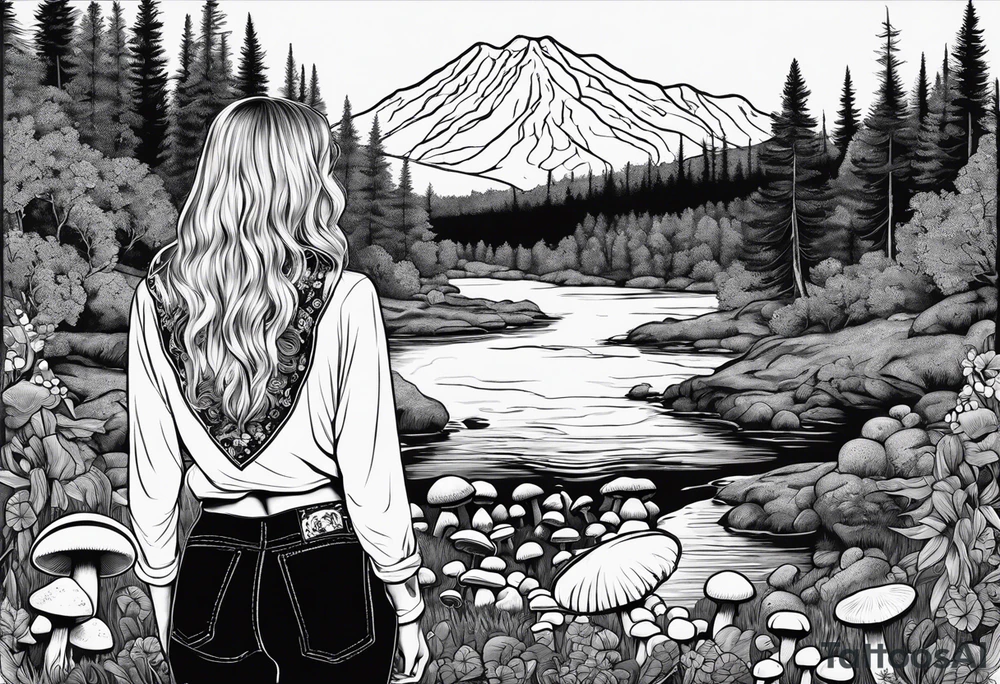 Whole picture encircled fully

Straight long blonde hair hippie girl in distance holding mushrooms in hand facing away toward mountains and creek surrounded by mushrooms long sleeve shirt and hiking pants; whole rendering within a full circle, no cut off circle tattoo idea