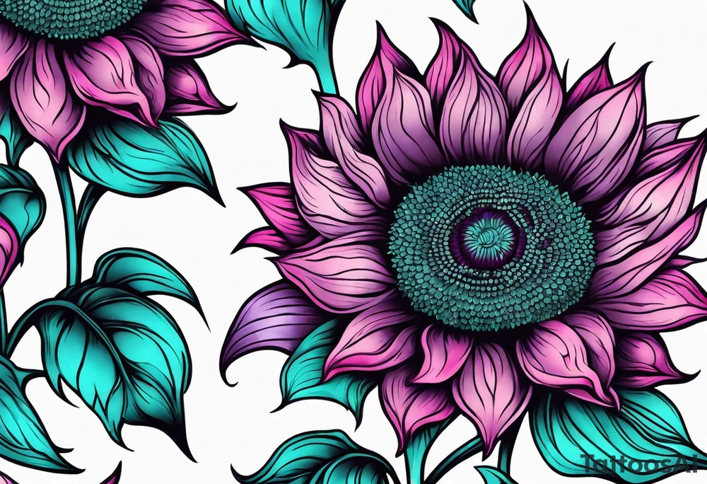 Teal, pink and purple sunflower sleeve tattoo idea